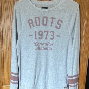Roots Heather Gray Sweatshirt with Dusty Rose Graphic
